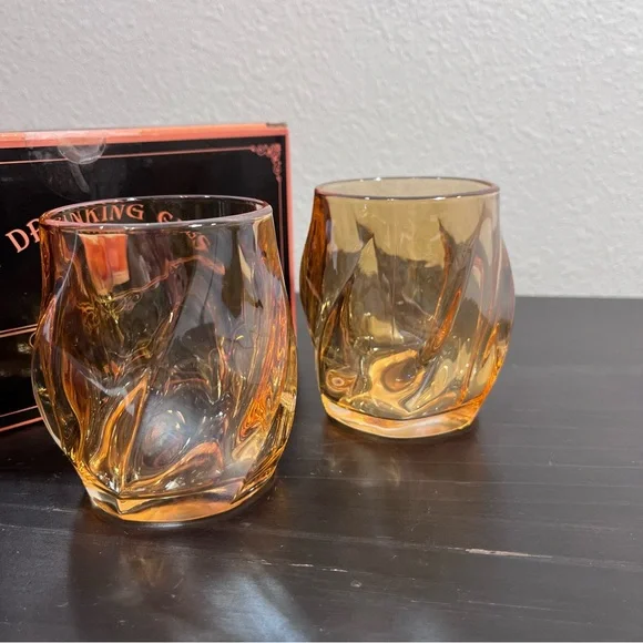 MCM Amber Twisted Whiskey Glasses - Set of 2 - Spiral Lowball Rocks Glass in Box - Picture 5 of 14